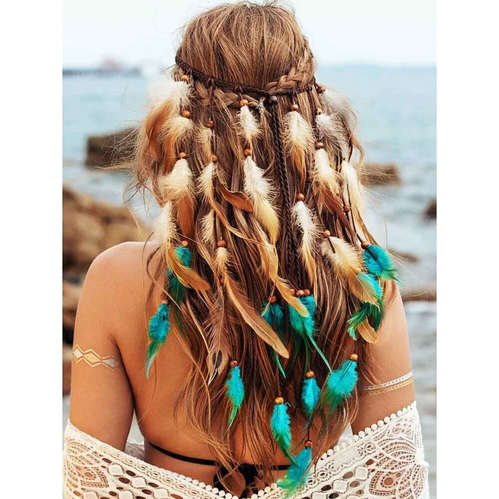 Boho Feather Headband for Women Gypsy Headpiece Cotton Polyester Adjustable